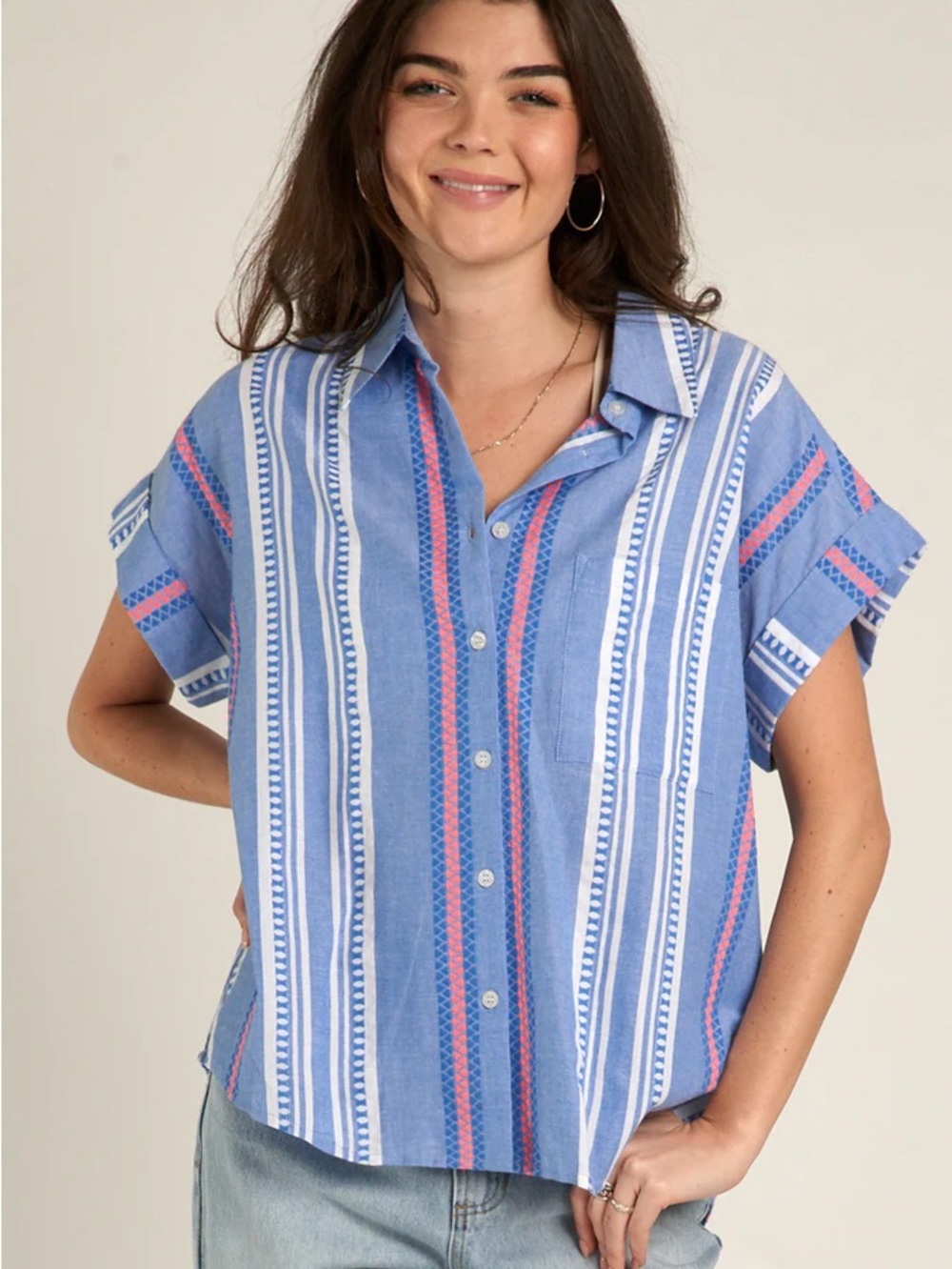 Casual Blue Striped Button-Front Women's Blouse